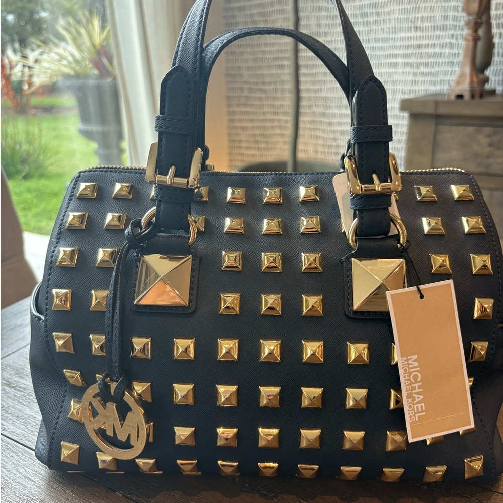 Michael Kors Navy Blue and Gold Pyramid Stud Satchel